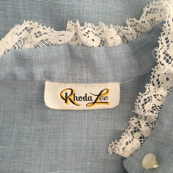 Vintage 1970's Rhoda Lee Lace Trimmed Chambray Button-Up Prairie Blouse - Picture 8 of 10